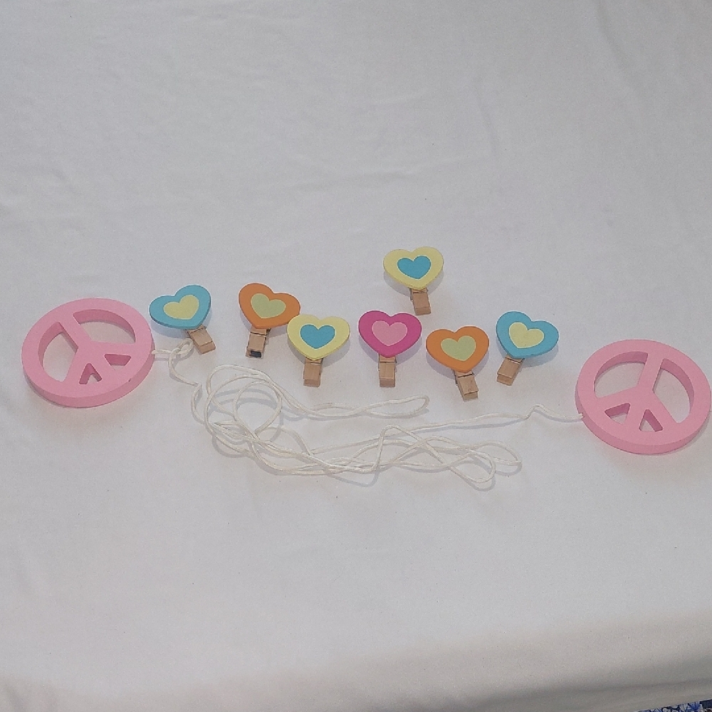 Target Pink Peace and Colorful Heart Clips Set.Around 82" To Clip On Photos .